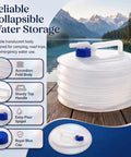 Clear accordion fold Collapsible Water Container With Spigot For Camping And Outdoors, on wooden dock with lake view