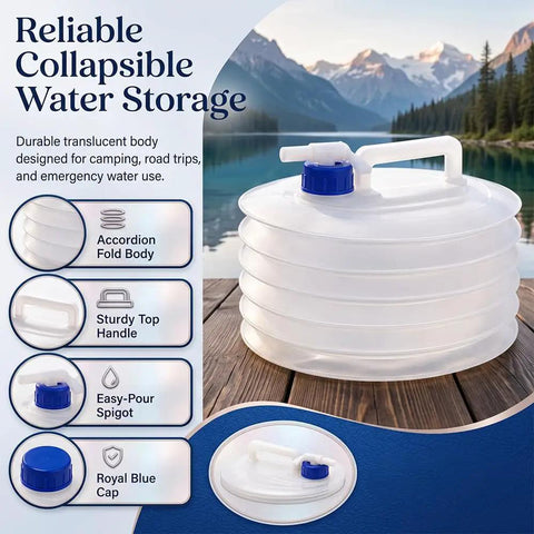 Clear accordion fold Collapsible Water Container With Spigot For Camping And Outdoors, on wooden dock with lake view