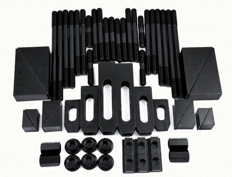 Pro-Series 52 Piece Clamping Kit for 12mm T-Slot with M10 x 1.5 Studs, heavy-duty powdered cast steel components displayed on surface