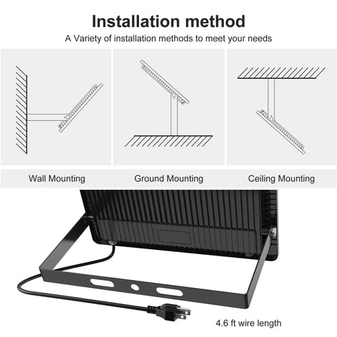 Installation methods for Beast Mode 500W LED Outdoor Flood Light With 50,000 Lumens, UL Listed, IP66, wall, ground, ceiling mount