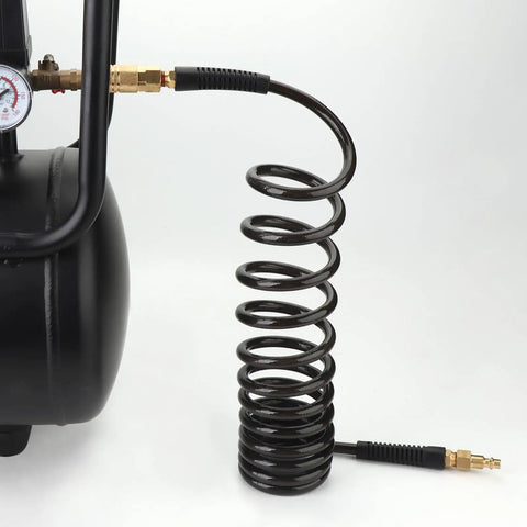 Reinforced Polyurethane Recoil Air Hose With Bend Restrictor One Quarter Inch By Ten Feet Black Lightweight And Tangle Free Anti Kink Design With Auto Retract For Easy Storage Includes Industrial Quick Coupler And Plug