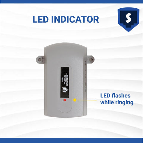 Front view of Ring Voltage Booster II For Bridged Ringing Boosts Ring Current To 7.5 REN And Voltage To 90VAC RMS with LED indicator.