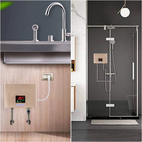 Powerful 4000W Tankless Under Sink Hot Water Heater 110V Thermostatic Control With Remote Touch Screen Display in bathroom setup