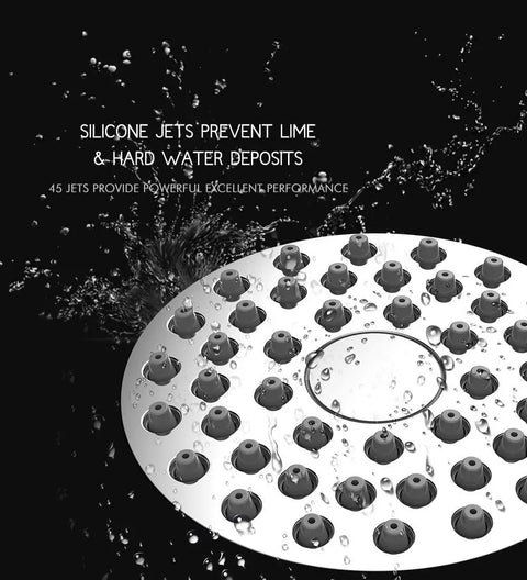 High Pressure 3 Inch Shower Head With Beast Mode Water Flow showing silicone nozzles preventing lime deposits, silver finish