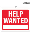 Now Hiring Signs 12x9 Waterproof Plastic For Businesses Bright Red And Bold Outdoor Indoor Use Pack Of Four Weatherproof Signs Designed To Attract Fast Applicants And Boost Hiring, red "Help Wanted" text with dimensions.