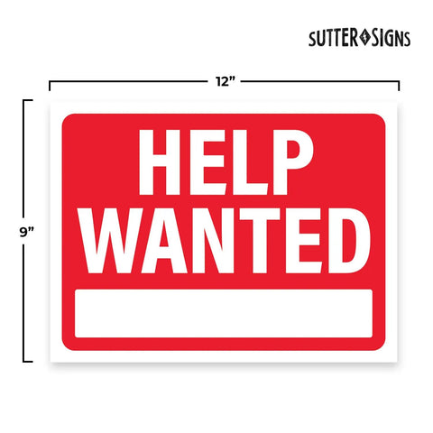 Now Hiring Signs 12x9 Waterproof Plastic For Businesses Bright Red And Bold Outdoor Indoor Use Pack Of Four Weatherproof Signs Designed To Attract Fast Applicants And Boost Hiring, red "Help Wanted" text with dimensions.