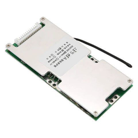 13S 48V 40A Lithium Battery Management Board with top shelf cell balancing, sleek metal casing, showcasing connection ports and circuit board.