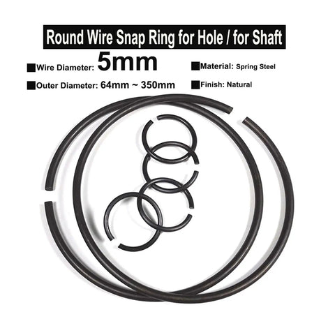 Heavy Duty Spring Steel Round Wire Retaining Rings Plus Shaft Circlips With 5mm Wire Diameter For Industrial Machinery Applications Fit Shafts Ranging From 64mm To 350mm In Size secure axial constraint, showing multiple circlips.