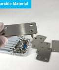 Close-up of 12 Pack Flat Mending Plate Metal Bracket Stainless Steel Corner Brace with screws and screwdriver, 60mm by 38mm.