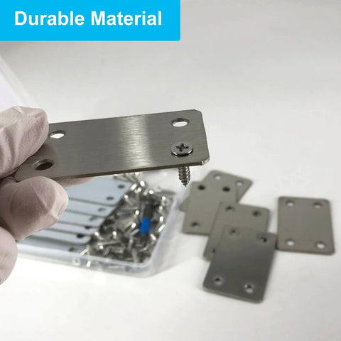 Close-up of 12 Pack Flat Mending Plate Metal Bracket Stainless Steel Corner Brace with screws and screwdriver, 60mm by 38mm.