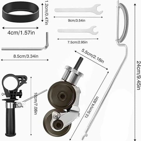 Heavy Duty Electric Drill Shear Conversion Kit That Clamps Straight In To Rip Steel Aluminum Copper And Drywall Like Butter Fast Twist Lock Chuck Mount with measurements.