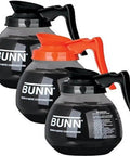 Coffee Pot Decanter Carafe Set With 12 Cup Capacity, Three Pieces Including Two Black Regular And One Orange Decaf