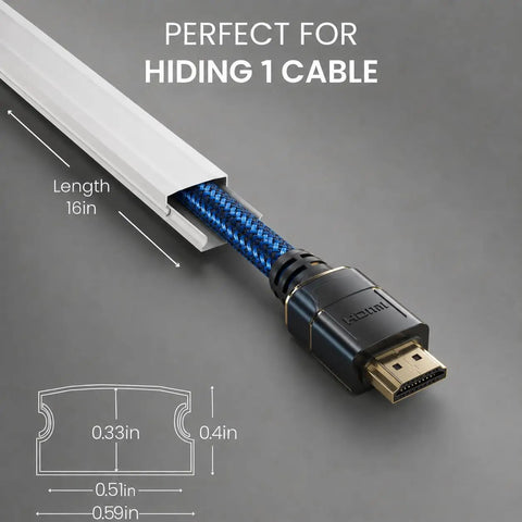 Cord Hider 300 Inch Wall Cord Cover Kit for TVs and Cords, showing 16in length and cable concealer example, white color.