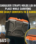 Heavy Duty Work Cooler And Lunch Box That Keeps Cold Up To 30 Hours, 17 Quart Capacity shown with shoulder strap and lid detail.