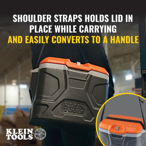 Heavy Duty Work Cooler And Lunch Box That Keeps Cold Up To 30 Hours, 17 Quart Capacity shown with shoulder strap and lid detail.