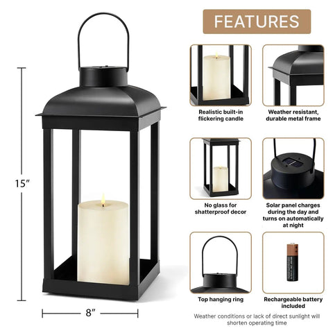 Outdoor Solar Powered Lantern With Flickering LED Candle For Porch Garden And Patio, 15 Inch Tall Black Metal Open Frame No Glass, Dusk To Dawn Auto On, Large Dope Vibe Outdoor Light For Nighttime Ambience
