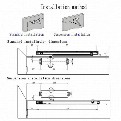 Installation dimensions for Adjustable Automatic Soft Door Closer For Home Office And Fire Doors Hydraulic Closer