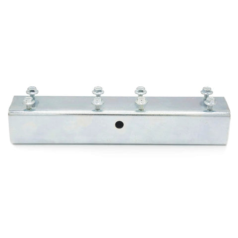 Prowinch heavy-duty flat cable C-track festoon block, silver metal with six top bolts and side mounting hole.