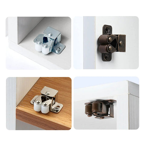 Five Pack Twin Roller Cabinet Door Catches With Screws For Home Furniture installed on various cabinet surfaces
