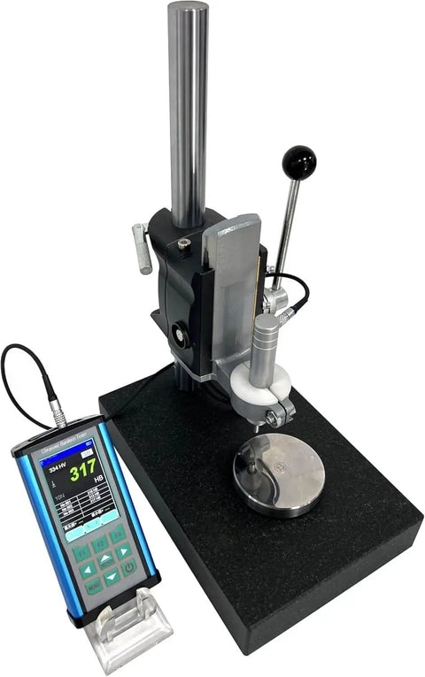 Portable Ultrasonic Hardness Tester With Test Stand And Heavy Gauge Probe, Dual Scale Vickers And Rockwell Readout on black base.