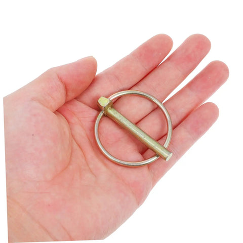 8 Piece Plated Safety Pin Assortment Kit And Lynch Pins For Farm Equipment, Pro Grade Spring Loaded Quick Disconnect Pins With Self Locking Rings, Durable Tractor And Machinery Locking Pins, plated lynch pin in hand