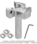 Slab Flattening Router Bit Kit With Replaceable Carbide Inserts That Rotate Spoilboard Surfacing Bit Half Inch Shank Two Inch Cutting Diameter Nano Grain Carbide Inserts Includes Extra Inserts.