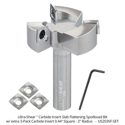 Slab Flattening Router Bit Kit With Replaceable Carbide Inserts That Rotate Spoilboard Surfacing Bit Half Inch Shank Two Inch Cutting Diameter Nano Grain Carbide Inserts Includes Extra Inserts.