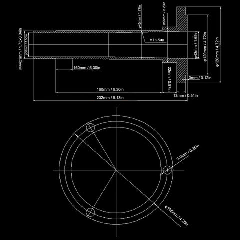 Technical drawing of Rugged 38mm Hole Lathe Spindle Replacement for Mini Lathes with dimensions and annotations
