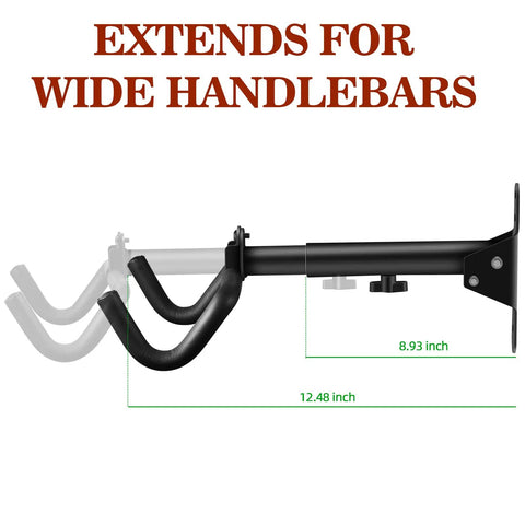 Adjustable Bike Wall Mount Rack For Garage Storage Horizontal Bike Hanger extends from 8.9 to 12.5 inches for wide handlebars.