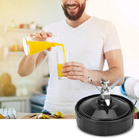 Man pouring juice with 7 Fins Blender Blade Replacement Kit Pro Grade With Silicone Gasket Ring in foreground
