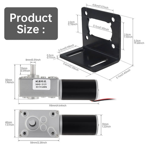 ZVKV 12V DC worm gear motor with mounting bracket, side view, 40 RPM, self-locking