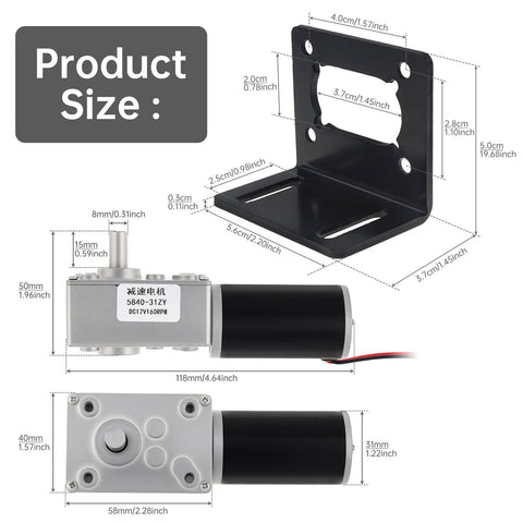 12V DC Worm Gear Motor With 27 RPM 7 Watts, Self Locking Reversible Mini Electric Gearbox Motor dimensions and bracket