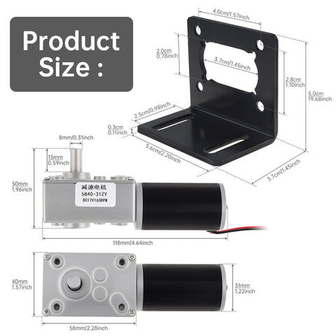 12V DC Worm Gear Motor 12 RPM Self Locking Mini Gearbox With Bracket, showing detailed dimensions and D-shaped output shaft
