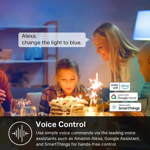 Family using Smart WiFi Color Changing LED Bulbs A19, Dimmable 16 Million Colors, Auto White Tunable 2500K-6500K with Alexa voice control
