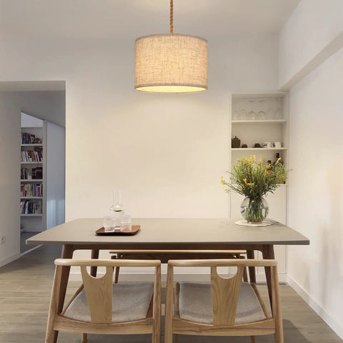 Dining room with Two Pack Plug In Pendant Light Dope Boho Hanging Lamp With 15 Foot Hemp Rope Cord And Natural Linen Shade Swag Light