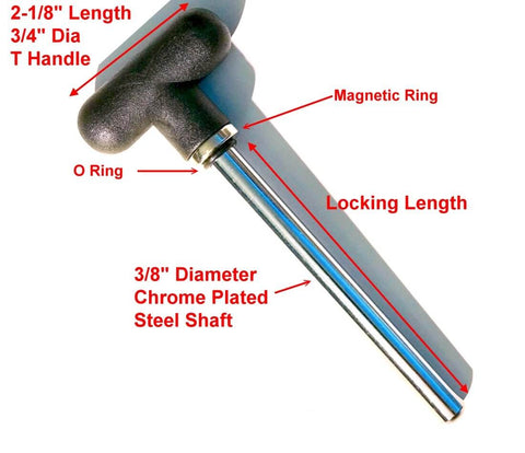 Magnetic Weight Stack Pin With Black T Handle Knob, Three-Eighths Inch Diameter, Three And Three Quarters Inch Locking Space