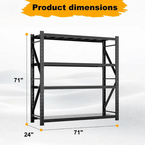 Heavy Duty Warehouse Shelving 4 Tier Industrial Steel Storage Rack With Adjustable Levels For Garage And Factory Commercial Use 2600 Pound Load Capacity Per Shelf, dimensions 71" x 24".