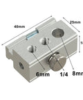 Super Slick Silver Aluminum Camping Table Clip Slider Igt Compatible Multi Hole Adapter for 6Mm 8Mm and Quarter Inch showing dimensions.