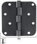 Close-up of 4 inch matte black door hinge with screws, showcasing 12 Pack Matte Black Door Hinges 4 Inch 5/8 Radius Plain Bearing Heavy Duty Workhorse With 270 Degree Rotation Includes 96 Extra Long Screws For Interior Doors Drawers Dressers Wardrobe.