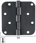 Three Pack Matte Black Four Inch Radius Door Hinges Five Eighths Inch Heavy Duty Residential Door Hardware With Twenty Four Free Screws Built To Last And Easy Install For Interior Exterior Doors And Gates, showing one hinge with dimensions and screws.