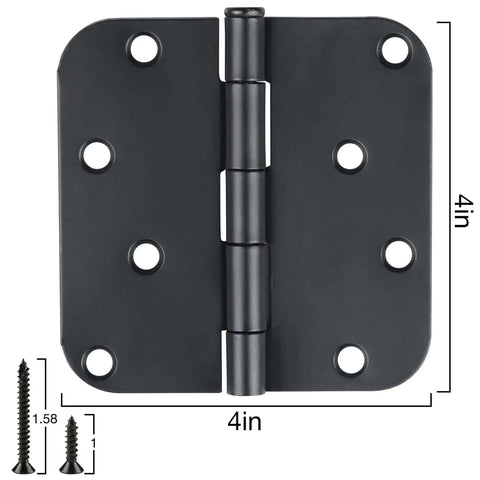 Three Pack Matte Black Four Inch Radius Door Hinges Five Eighths Inch Heavy Duty Residential Door Hardware With Twenty Four Free Screws Built To Last And Easy Install For Interior Exterior Doors And Gates, showing one hinge with dimensions and screws.
