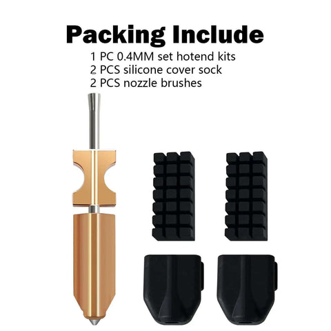 Upgraded 0.4mm Hotend Kit For Flashforge AD5X with 2 silicone covers, 2 nozzle brushes, and gold quick-release heater block