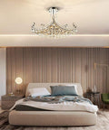 Modern Crystal Chandelier Pendant Light With Silver Finish, 25 Inch Ceiling Fixture over bedroom, Eight Light E12 Socket Design