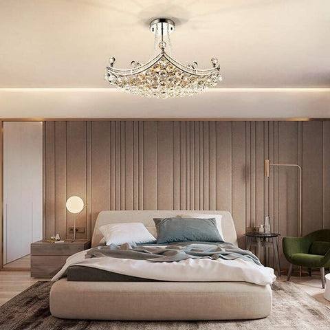 Modern Crystal Chandelier Pendant Light With Silver Finish, 25 Inch Ceiling Fixture over bedroom, Eight Light E12 Socket Design