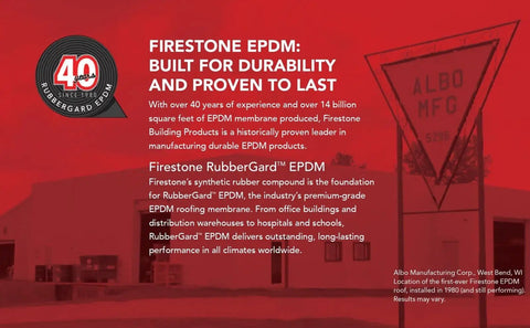 Firestone RubberGard EPDM roofing membrane advertisement highlighting durability for buildings and structures.