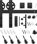 Built Like A Tank 7 Foot Sliding Barn Door Hardware Kit featuring heavy duty steel tracks and accessories in black finish.