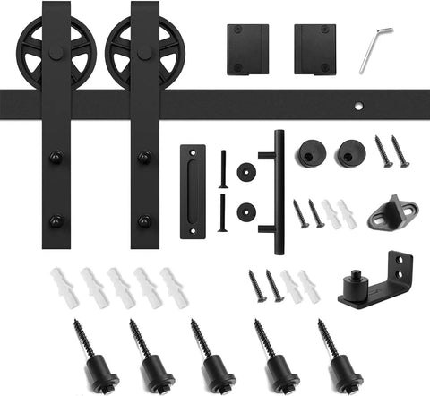Built Like A Tank 7 Foot Sliding Barn Door Hardware Kit featuring heavy duty steel tracks and accessories in black finish.