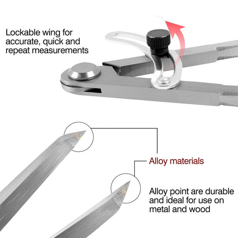Heavy Duty Six Inch Alloy Metal Compass Scribe Dead Nuts Accurate Layout Divider For Precise Woodworking Marking And Measuring On Plastic Wood Or Steel Panels close-up of lockable wing and alloy points