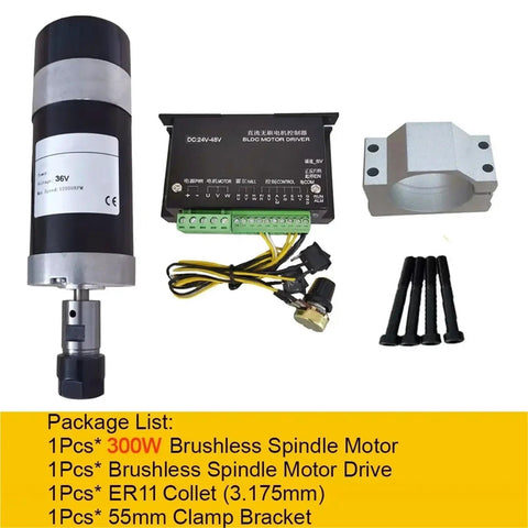 Beefy 300W CNC Brushless Spindle Air Cooled 36V 12000 RPM With Hall Sensor ER11 Collet 52mm Clamp Bracket Power Supply Spindle Drive Kit