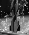 Front view of a black 10 mm masonry drill bit in a holder with water spray.